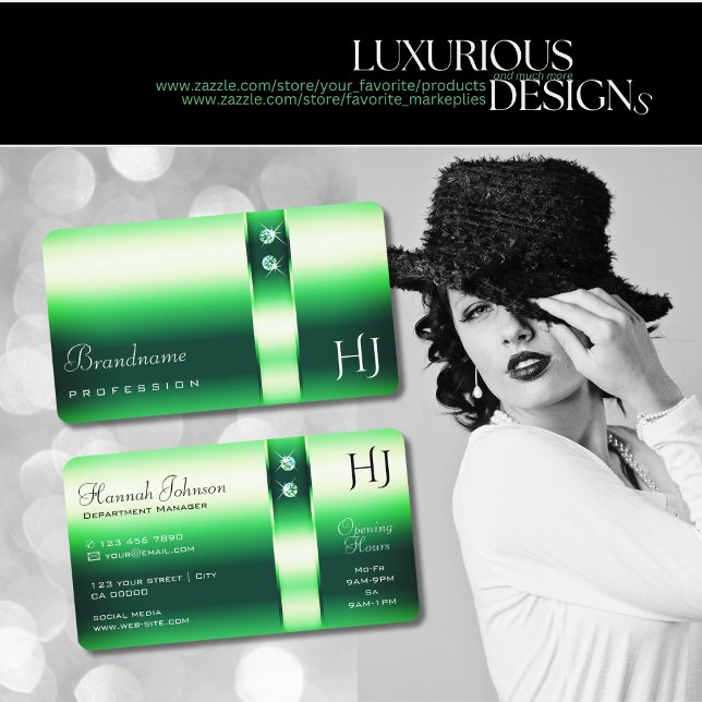 Luminous Emerald Green Gradient Diamonds Monogram Business Card (Creator Uploaded)