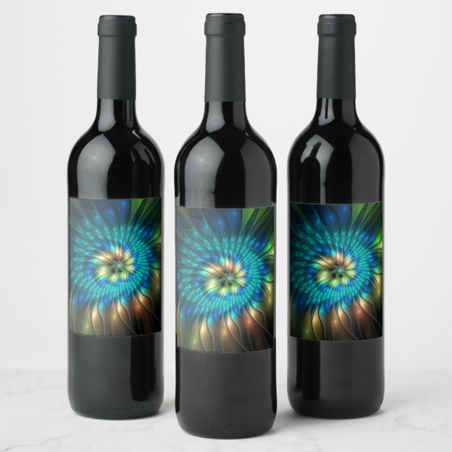 Luminous Fantasy Flower, Colorful Abstract Fractal Wine Label (Bottles)