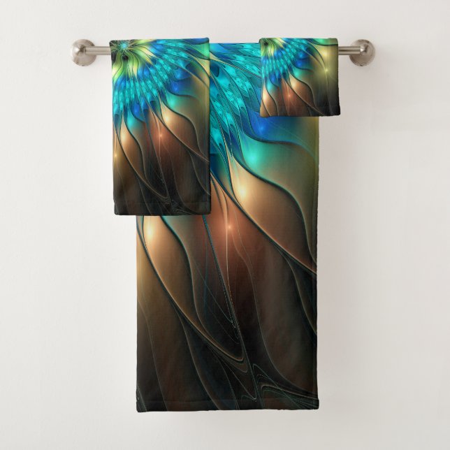 Luminous Fantasy Flower, Colourful Abstract Fracta Bath Towel Set (Insitu)