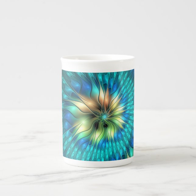Luminous Fantasy Flower, Colourful Abstract Fracta Bone China Mug (Front)