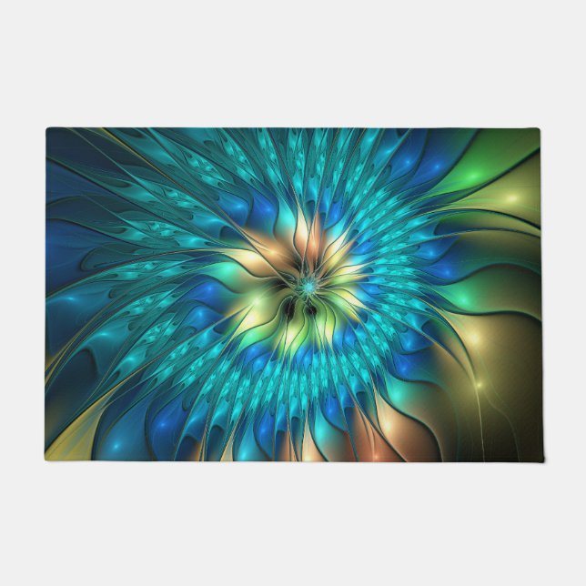 Luminous Fantasy Flower, Colourful Abstract Fracta Doormat (Front)