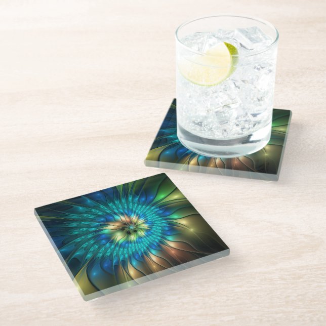 Luminous Fantasy Flower, Colourful Abstract Fracta Glass Coaster (Angled)