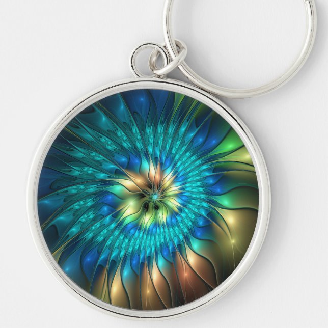Luminous Fantasy Flower, Colourful Abstract Fracta Key Ring (Front)