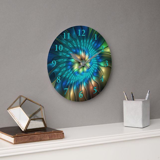 Luminous Fantasy Flower, Colourful Abstract Fracta Large Clock (Office)