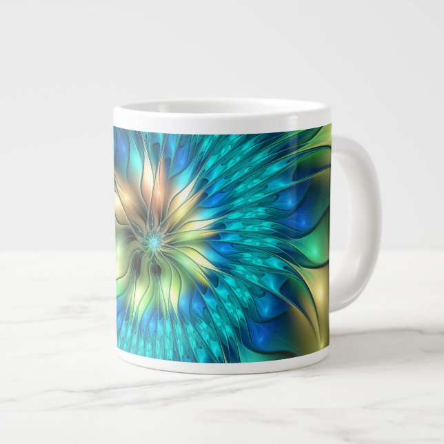 Luminous Fantasy Flower, Colourful Abstract Fracta Large Coffee Mug (Front Right)