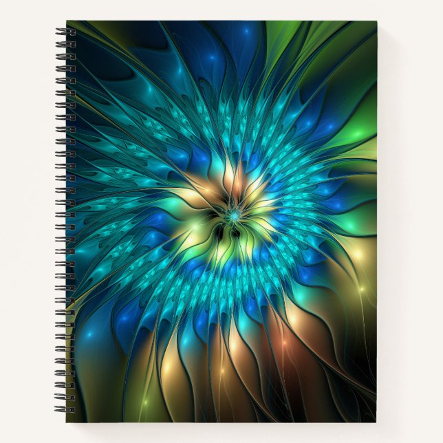Luminous Fantasy Flower, Colourful Abstract Fracta Notebook (Front)