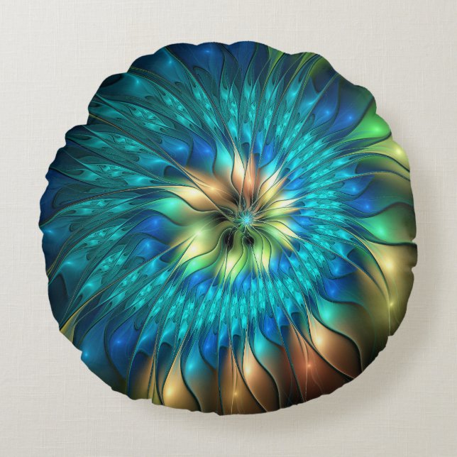 Luminous Fantasy Flower, Colourful Abstract Fracta Round Cushion (Front)