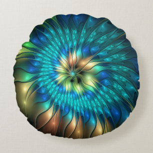 Luminous Fantasy Flower, Colourful Abstract Fracta Round Cushion