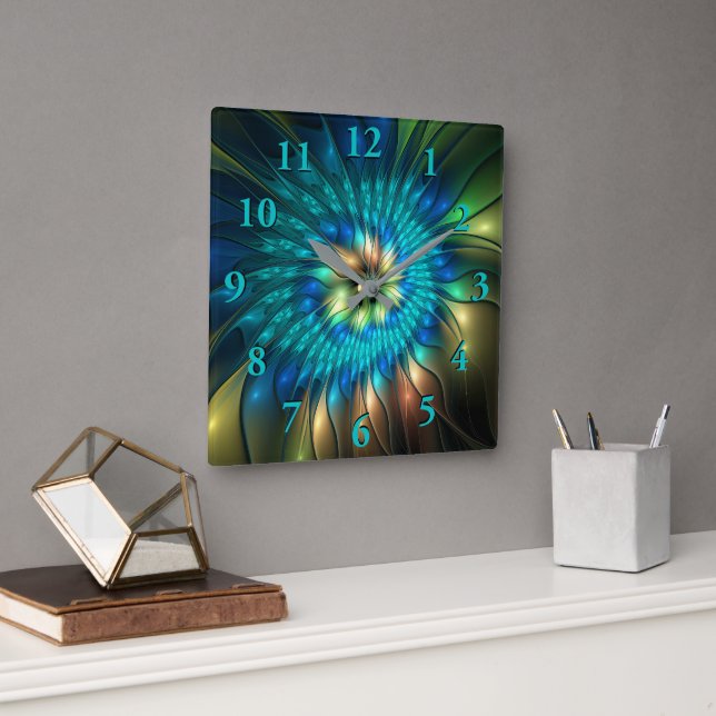 Luminous Fantasy Flower, Colourful Abstract Fracta Square Wall Clock (Office)