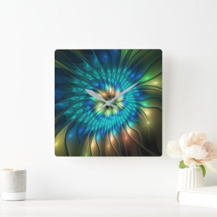 Luminous Fantasy Flower, Colourful Abstract Fracta Square Wall Clock