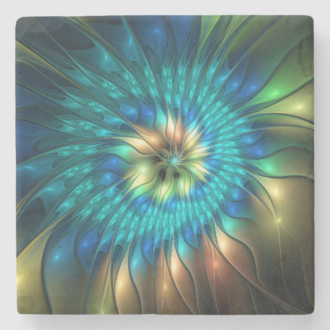 Luminous Fantasy Flower, Colourful Abstract Fracta Stone Coaster (Front)