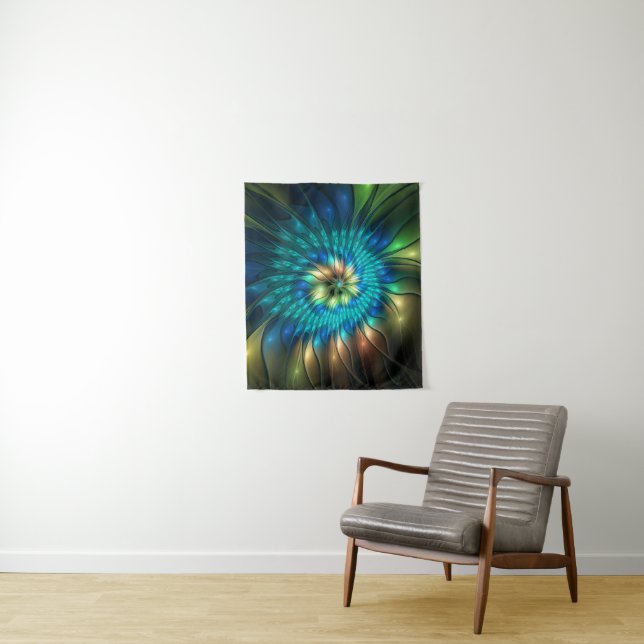 Luminous Fantasy Flower, Colourful Abstract Fracta Tapestry (In Situ)
