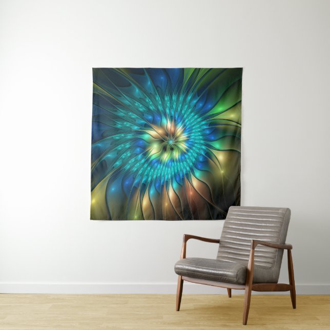 Luminous Fantasy Flower, Colourful Abstract Fracta Tapestry (In Situ)