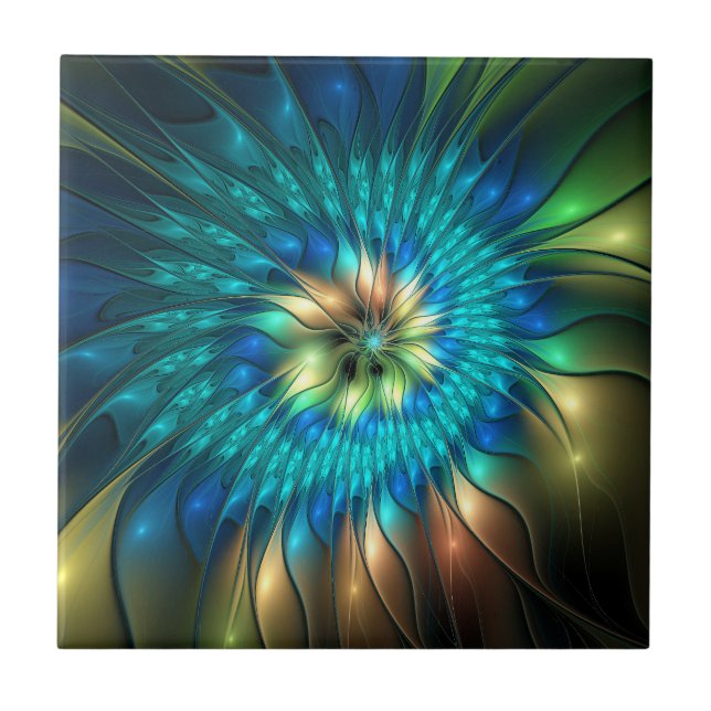 Luminous Fantasy Flower, Colourful Abstract Fracta Tile (Front)