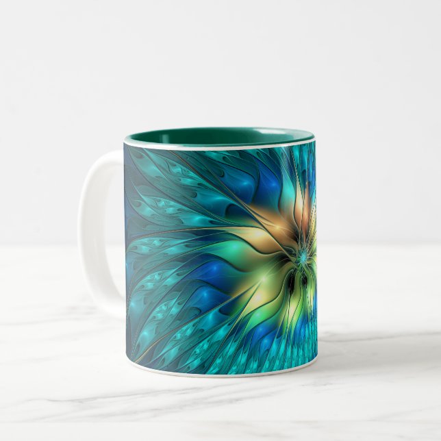 Luminous Fantasy Flower, Colourful Abstract Fracta Two-Tone Coffee Mug (Front Left)