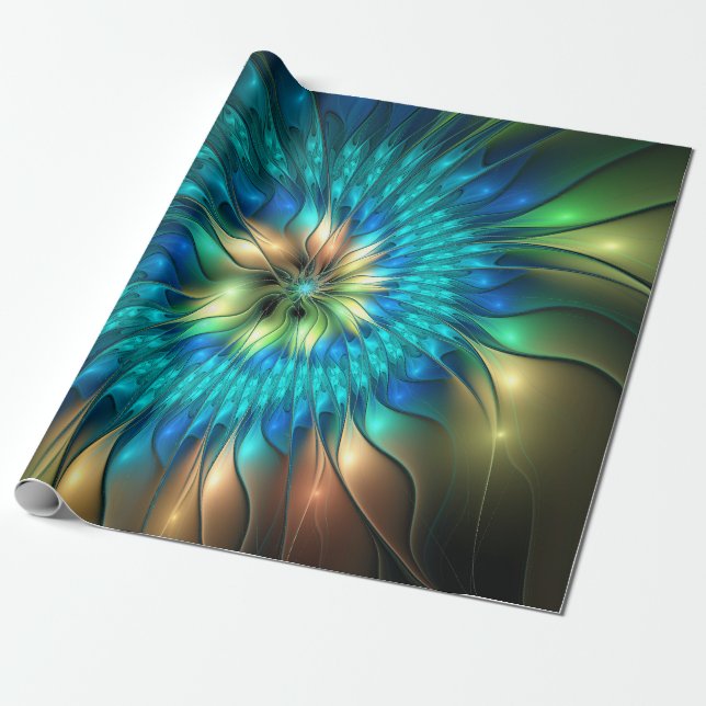 Luminous Fantasy Flower, Colourful Abstract Fracta Wrapping Paper (Unrolled)