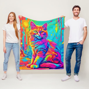 Luminous Feline: Colourful Neon Cat Fleece Blanket