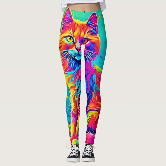 Luminous Feline: Colourful Neon Cat Leggings (Front)