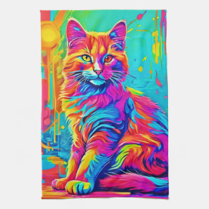Luminous Feline: Colourful Neon Cat Tea Towel