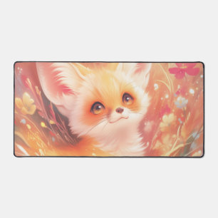 Luminous Fennec Fox Coral Pink Warm Sunset Meadow Desk Mat