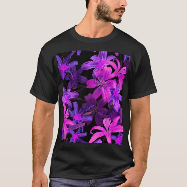 Luminous floral pattern, neon jungle lights. T-Shirt (Front)