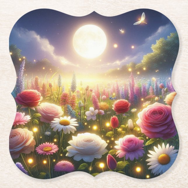 Luminous Garden under Moonlight Paper Coaster (Front)