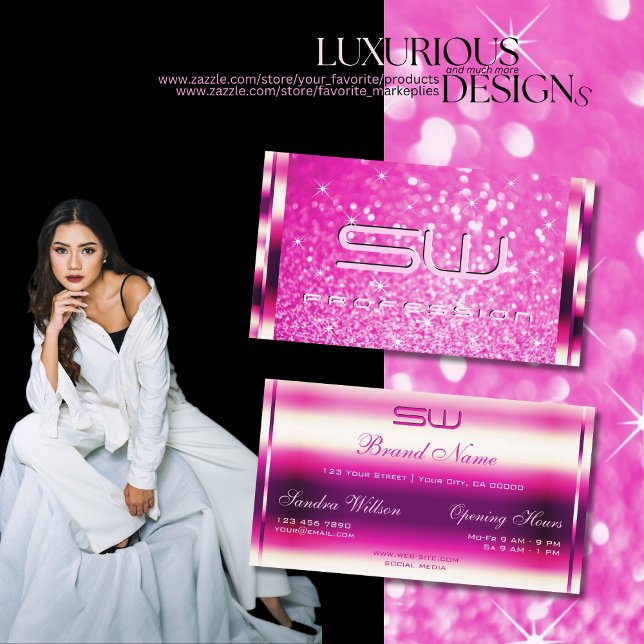 Luminous Girly Pink Glitter Glamour Stars Initials Business Card (Creator Uploaded)