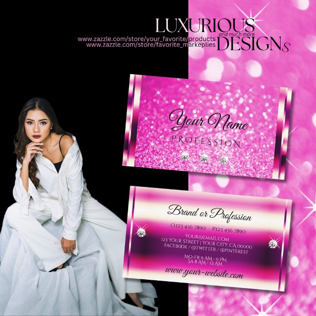 Luminous Girly Pink Glitter Glamour Stars Jewels Business Card (Creator Uploaded)