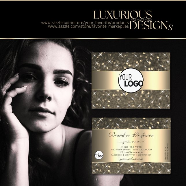 Luminous Gold Glitter Stars Golden Border and Logo Business Card (Creator Uploaded)