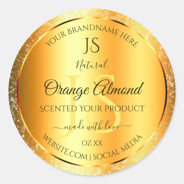 Luminous Gold Orange Sparkly Glitter with Initials Classic Round Sticker (Front)