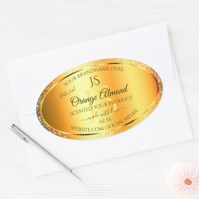 Luminous Gold Orange Sparkly Glitter with Initials Oval Sticker (Envelope)