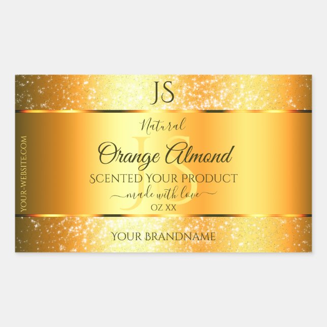 Luminous Gold Orange Sparkly Glitter with Initials Rectangular Sticker (Front)