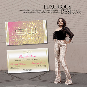 Luminous Gold Pink Purple Glitter Monogram Luxury  Business Card