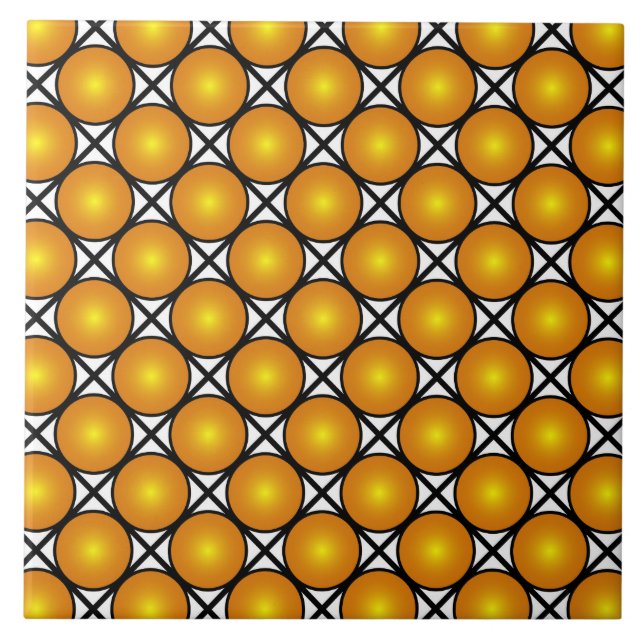 Luminous Golden Dots Black White Lattice Pattern Tile (Front)