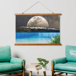 Luminous Golden Full Moon Tropical Turquoise Beach Hanging Tapestry