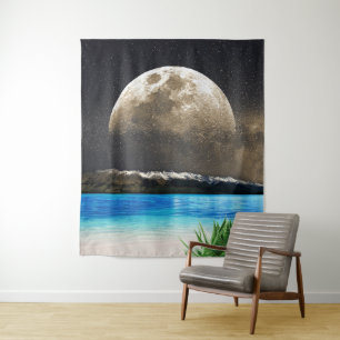 Luminous Golden Full Moon Tropical Turquoise Beach Tapestry