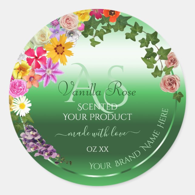 Luminous Green Floral Product Labels with Monogram (Front)