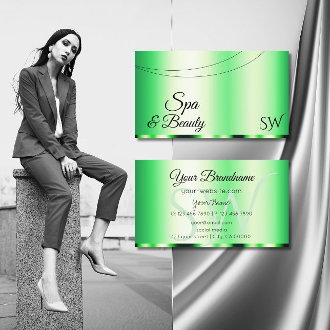 Luminous Green Glamourous with Initials Stylish Business Card (Creator Uploaded)
