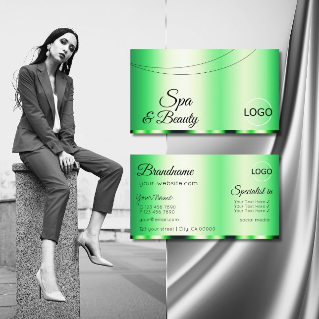 Luminous Green Glamourous with Logo Stylish Elegan Business Card (Creator Uploaded)