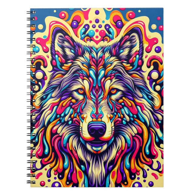 Luminous Guardian Wolf – Psychedelic Tribal Notebook (Front)
