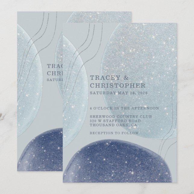 Luminous Ice Blue Silver & Navy Modern Wedding Invitation (Front/Back)
