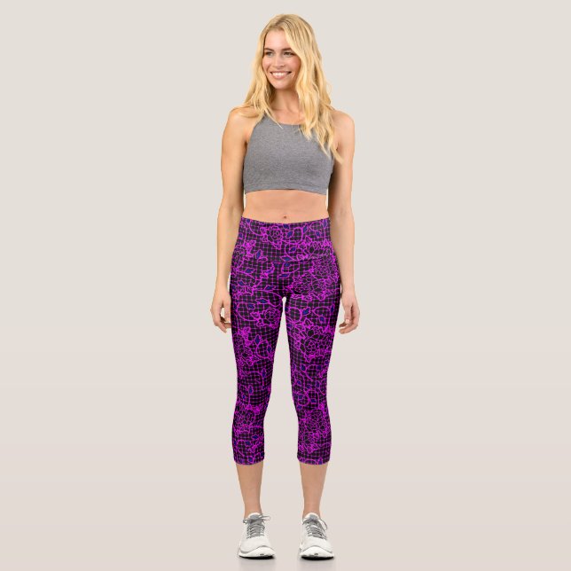 Luminous indigo Flowers on Net.01.b Black BG Capri Leggings (Front)