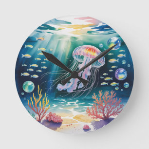 Luminous Jellyfish Underwater Scene Round Clock