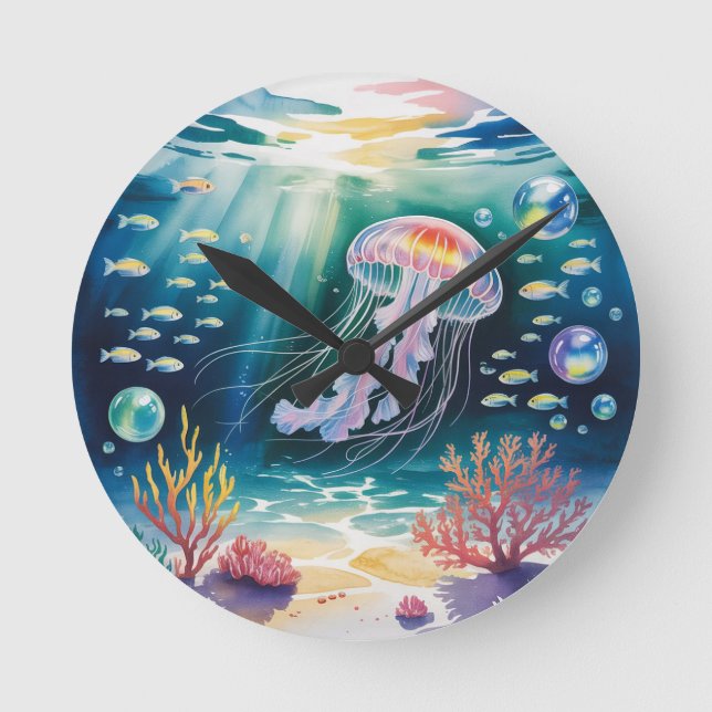 Luminous Jellyfish Underwater Scene Round Clock (Front)
