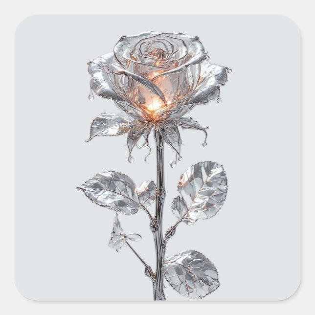 Luminous Metallic Silver Rose Square Sticker (Front)