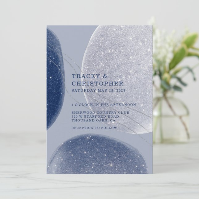 Luminous Navy Blue & Periwinkle Sparkling Modern Invitation (Standing Front)