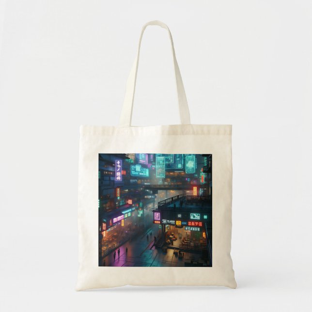 Luminous Neon Cyberpunk Cityscape Futuristic Tote Bag (Front)
