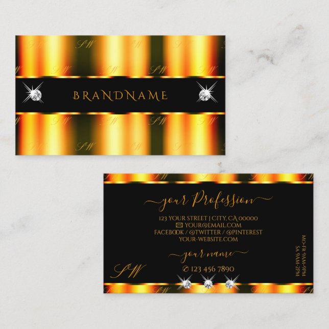 Luminous Orange Black Sparkling Diamonds Monogram Business Card (Front/Back)