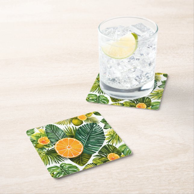 luminous orange garden melody square paper coaster (Insitu)