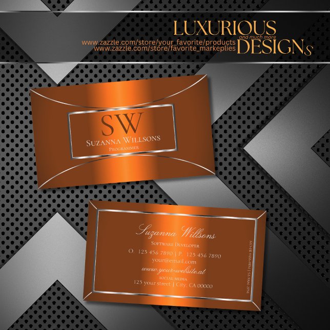 Luminous Orange with Silver Decor and Monogram Business Card (Creator Uploaded)